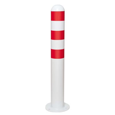 TRAFFIC-LINE EV Charging Point Protection Bollards  - 800mmH x 108mm dia - Hot Dip Galvanised & Powder Coated White - Red Reflective Band - Surface Fix