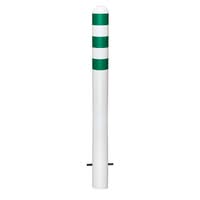 TRAFFIC-LINE EV Charging Point Protection Bollards - 1,200mmH x 108mm Ø - Hot Dip Galvanised & Powder Coated White - Green Reflective Band - Sub-Surface Fix