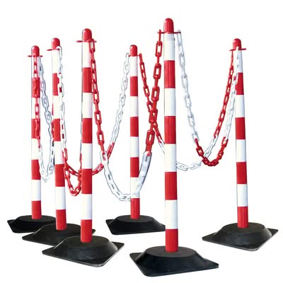 GUARDA Chain Post Set - 6 Posts, 10m Chain, 10 Hooks, 10 Links - Red/White - Recycled Rubber Base
