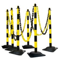 GUARDA Chain Post Set - 6 Posts, 10m Chain, 10 Hooks, 10 Links - Yellow/Black - Recycled Rubber Base