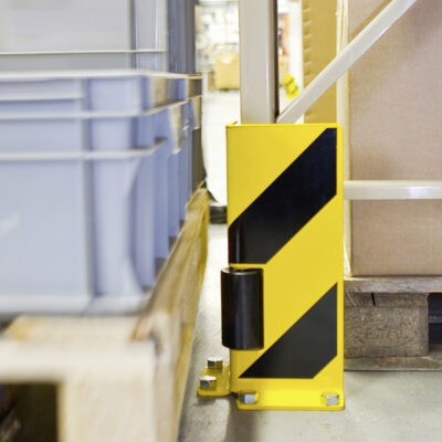 BLACK BULL Pallet Rack End Frame Protectors - Right-Angle Profile - 400mmH - 6mm Gauge - With Guide Roller - Yellow/Black
