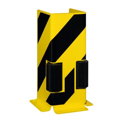 BLACK BULL Pallet Rack End Frame Protectors - 'U' Profile - 400mmH - 6mm Gauge - With 2 Guide Rollers - Yellow/Black